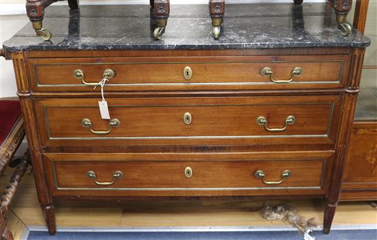 A late 18th century French Directoire period mahogany commode, with marble top W.127.5cm